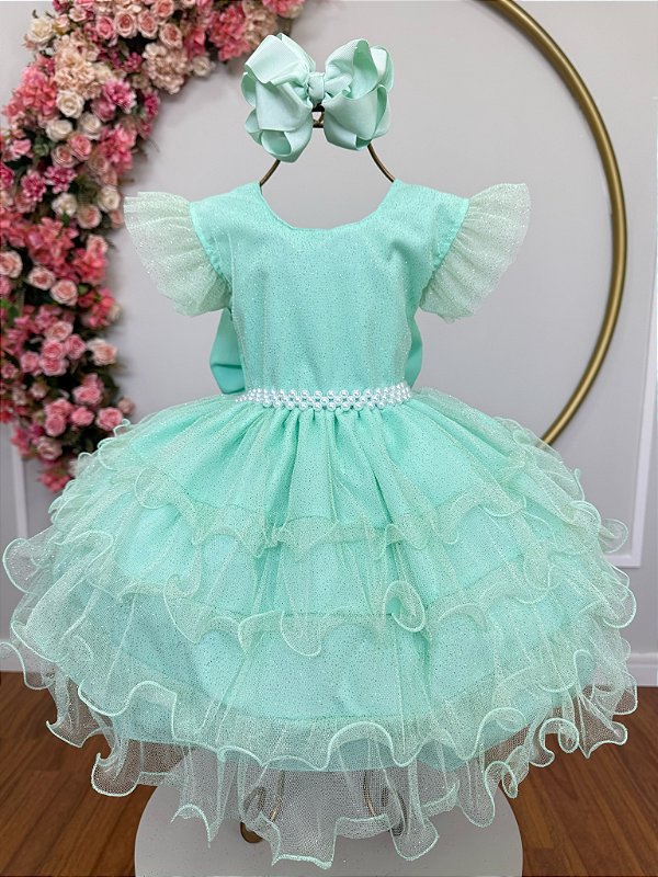 Vestido Infantil Verde Menta Saia Babados e Glitter Festas