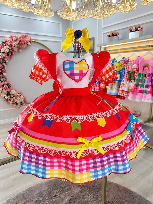 Vestido Infantil Junino Caipira Festas Vermelho Colorido Luxo