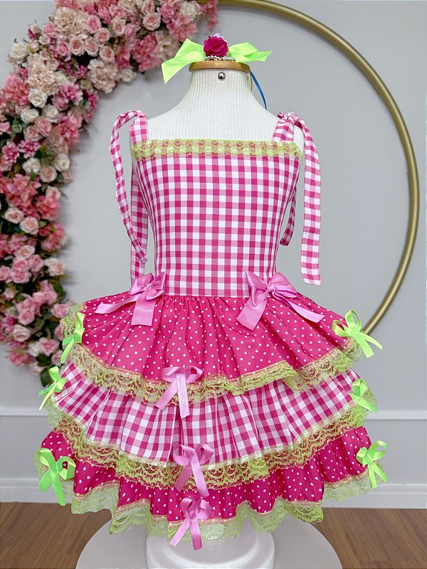 Vestido Infantil de Alça Junino Arraiá Festas Pink Xadrez