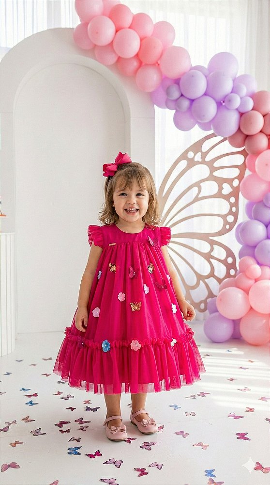 Vestido Jardim das Borboletas Rosa Pink Encantado