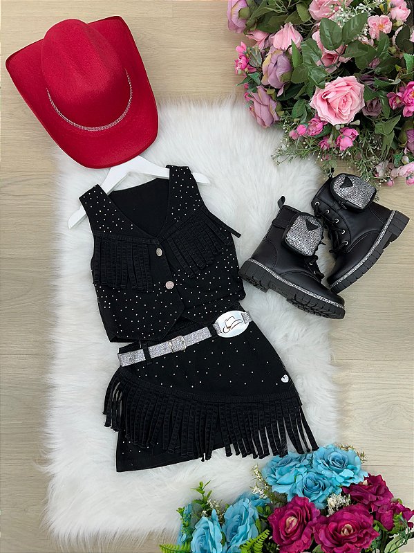 Conjunto Boiadeira Jeans Preto Country Festas