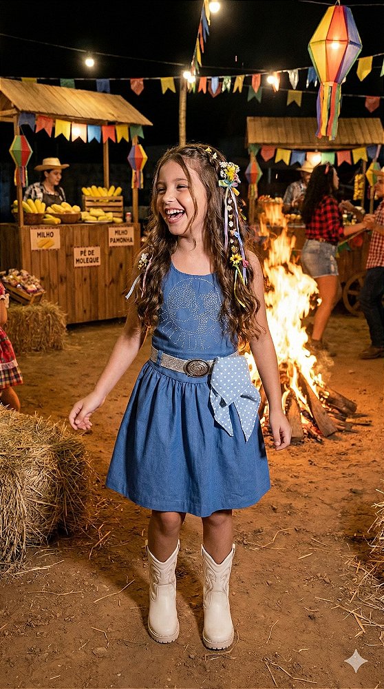 Vestido Blogueirinha Boiadeira do Sertão Jeans Azul