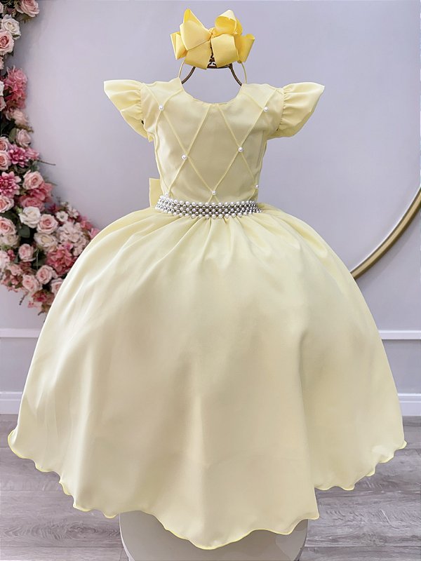 Vestido Infantil Amarelo Busto Nervura Daminhas Luxo