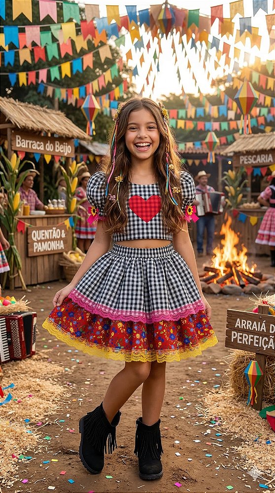 Conjunto Junino Menina Preto Festa Quadrilha Caipira