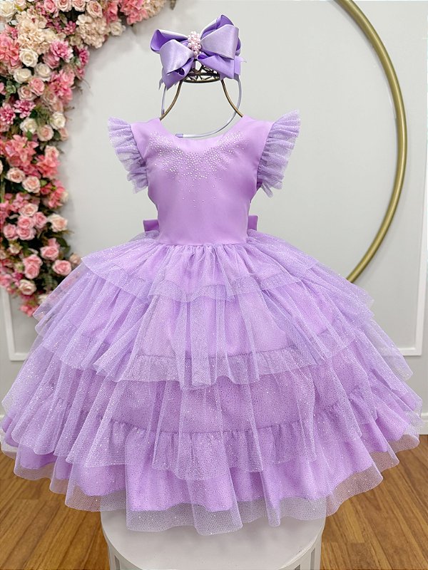 Vestido Infantil Lilás Busto Strass Saia Babados Daminhas