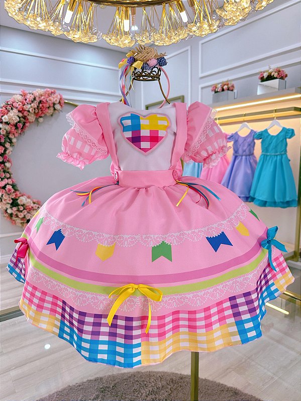 Vestido Infantil Junino Caipira Festas Rosa Colorido Luxo