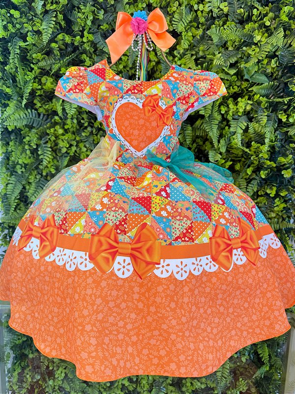 Vestido Infantil Junino Caipira São João Colorido Laranja
