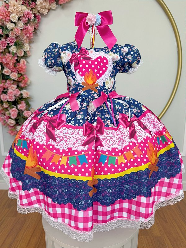 Vestido Infantil Junino Caipira Azul Marinho Colorido Florido