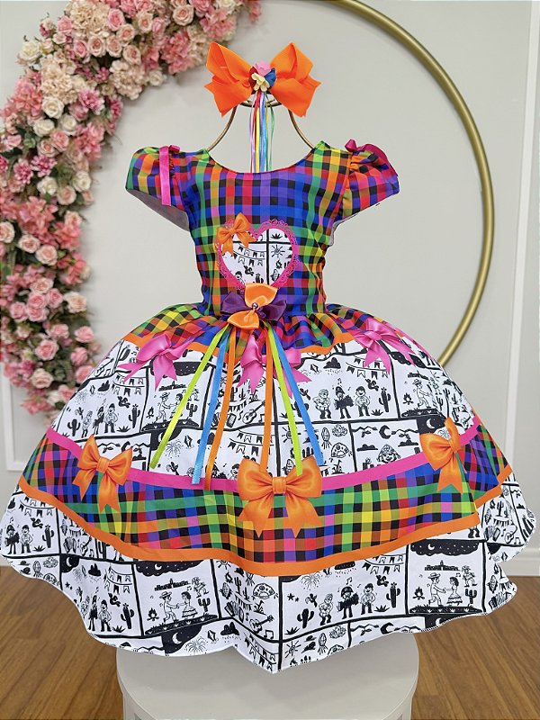 Vestido Infantil Junino Caipira Arraiá São João Xadrez Colorido