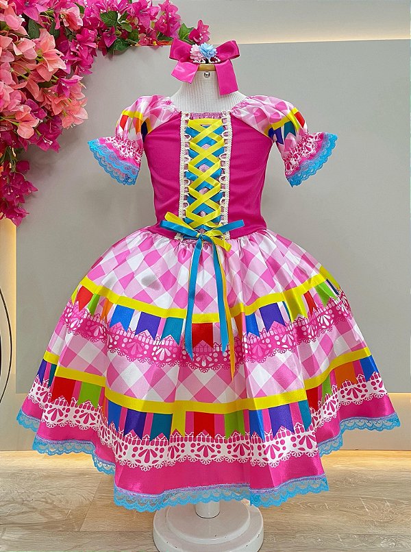 Vestido Infantil Junino Caipira Pink Saia Xadrex Colorido