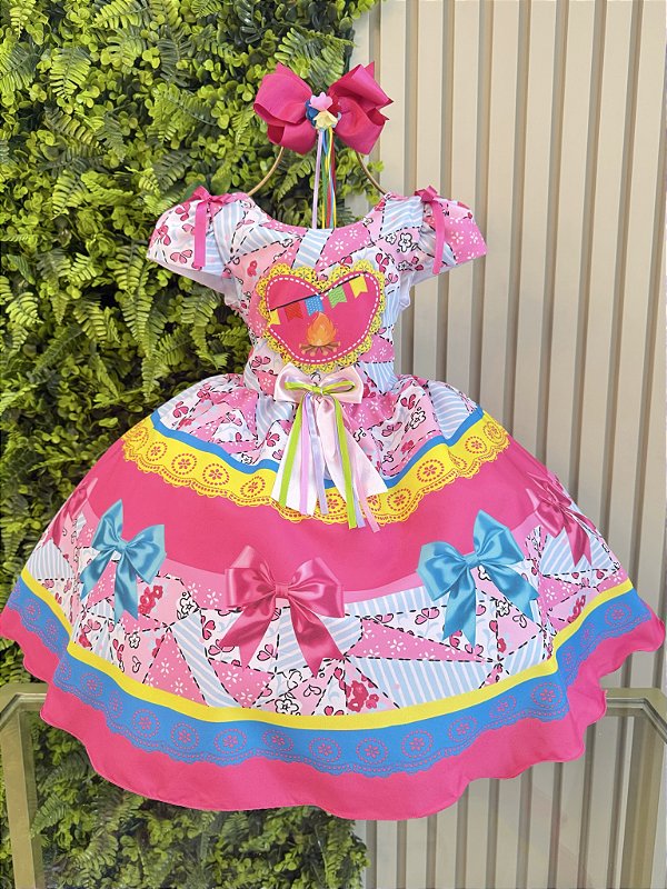 Vestido Infantil Junino Caipira Arraiá Festas Rosa e Azul