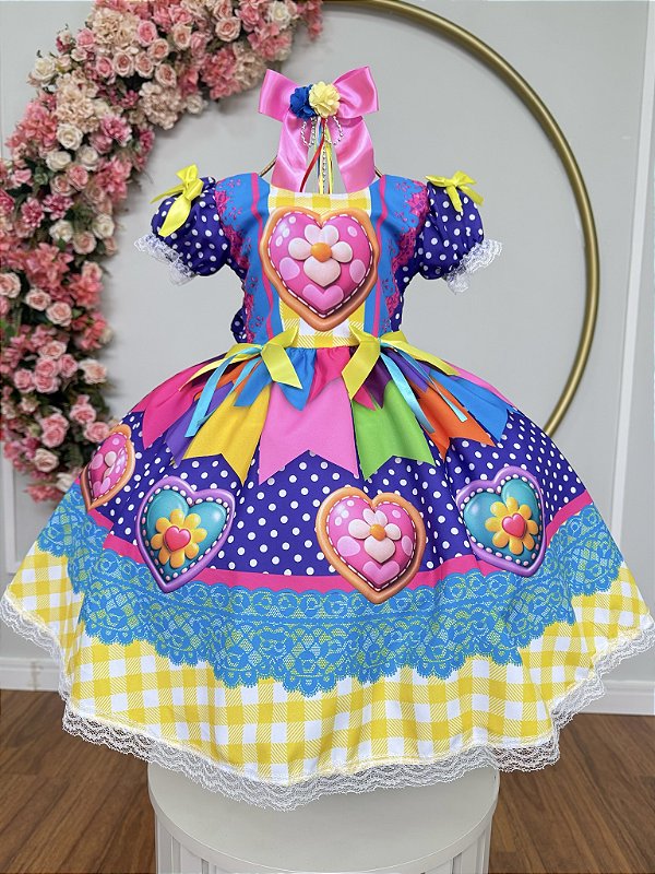 Vestido Infantil Junino Caipira Arraiá Lilás Colorido