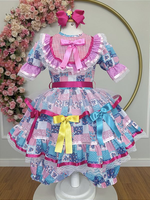 Vestido Infantil Junino Arraiá Rosa Com Florzinhas Colorida