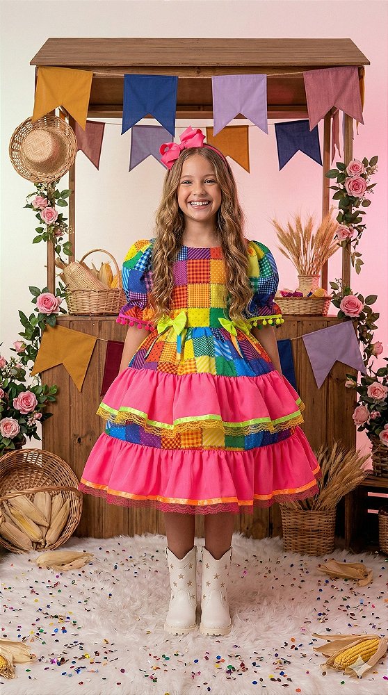 Vestido Junino Quadrilha Festa Luxo Pink