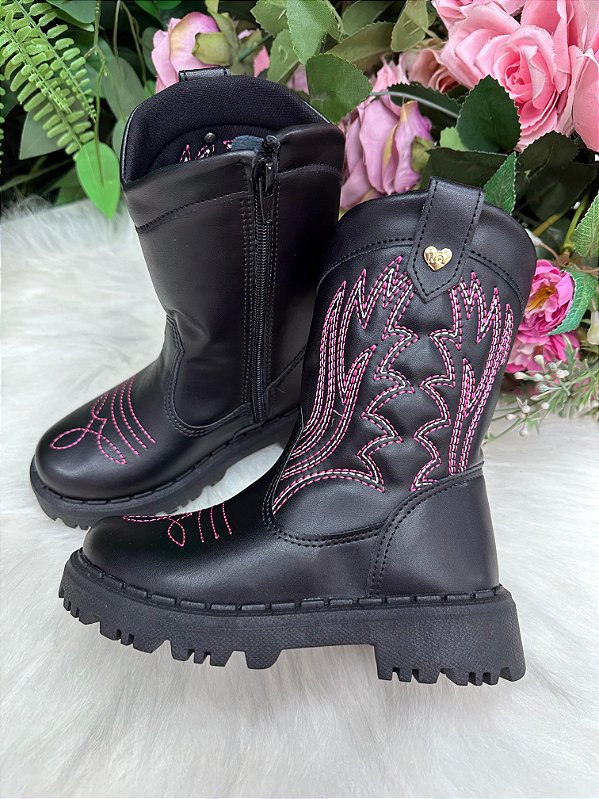 Bota Infantil Texana Menina Country Nilqi Preta e Pink
