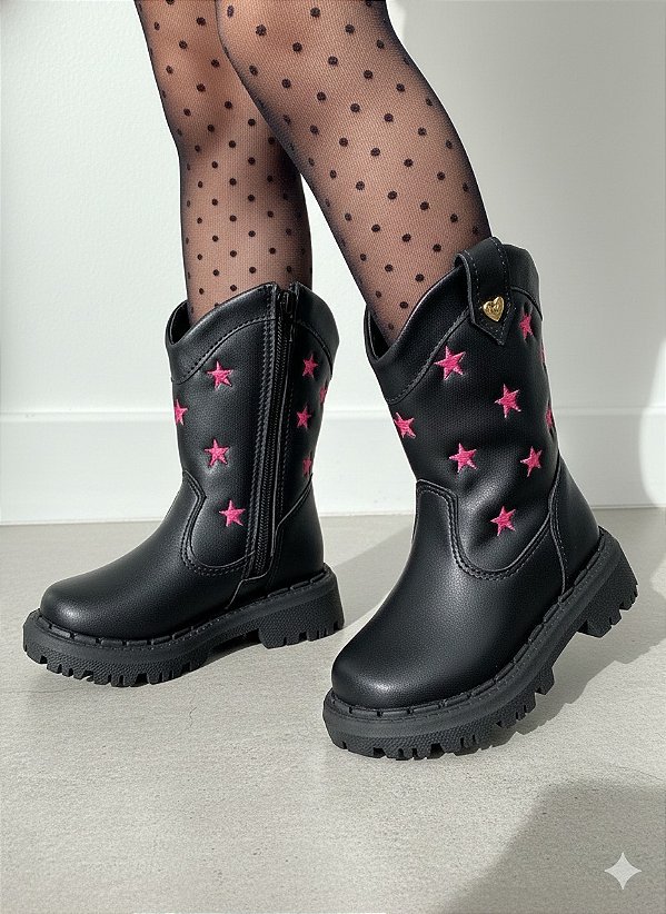 Bota Preta Estrela Botinha Pink Menina Nilqi