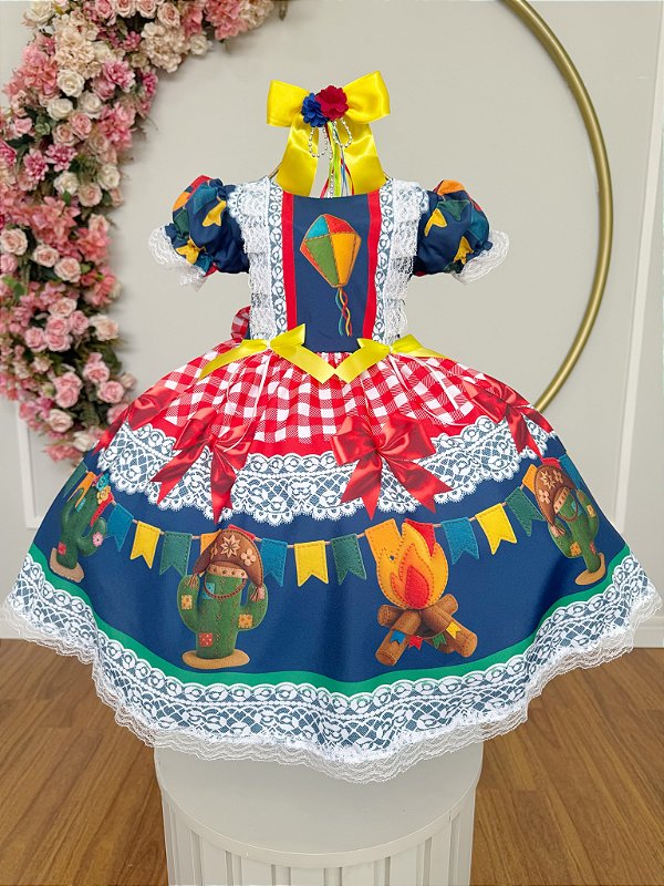 Vestido Infantil Junino Caipira São João Azul Xadrez Colorido
