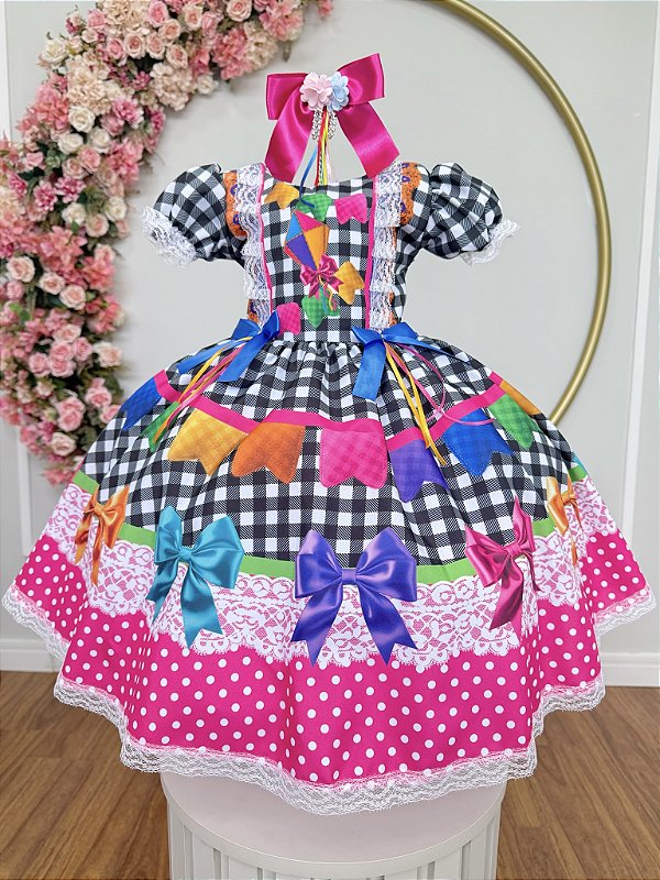 Vestido Infantil Junino Caipira Arraiá Preto Xadrez Colorido