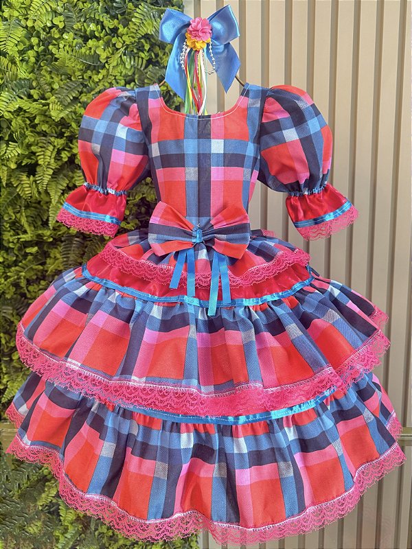 Vestido Infantil Junino Caipira Arraiá Vermelho Xadrez Colorido