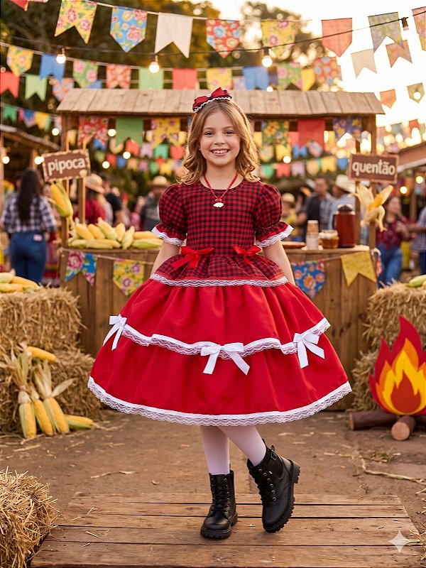 Vestido Junino Infantil Luxo Festa Caipira Vermelho