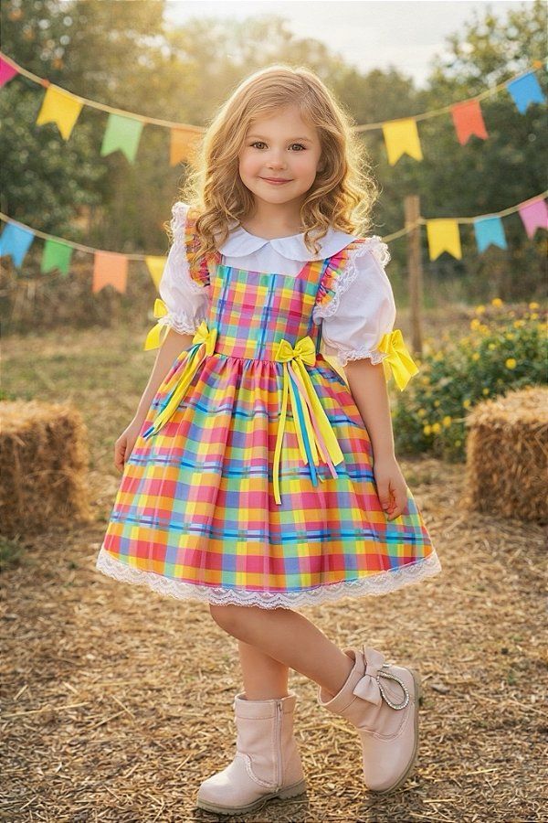 Conjunto Junino Meninas Blusa Branca Com Saia Xadrez Colorida