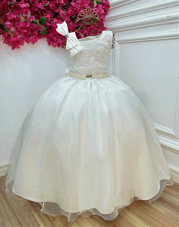 Vestido Infantil Longo Marfim Busto Renda Festas Damas Luxo