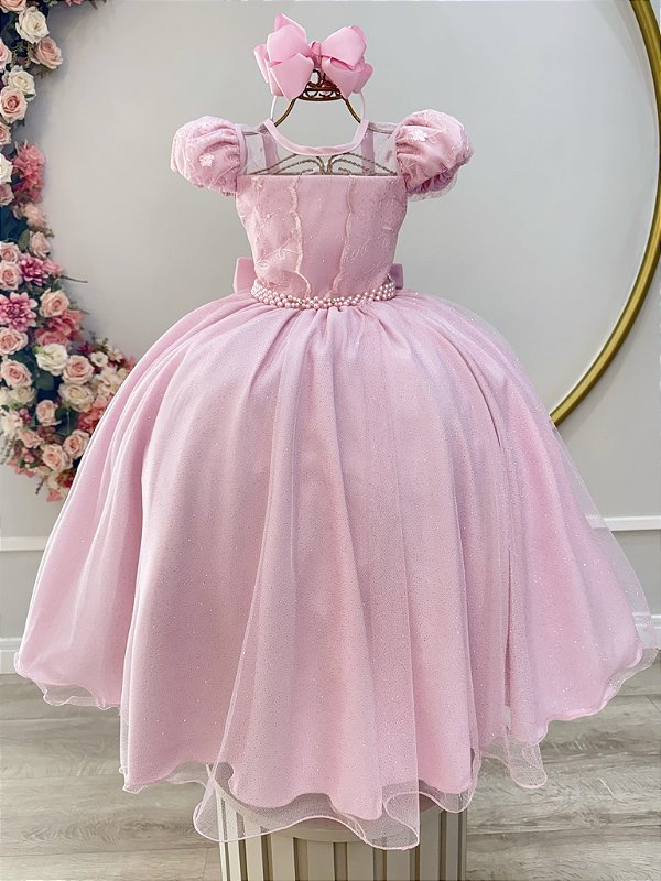 Vestido Infantil Longo Rosa Busto Renda e Bordado Damas Luxo