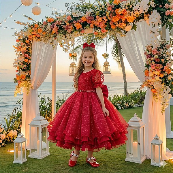 Vestido Infantil Festa Luxo Tule Glitter Vermelho
