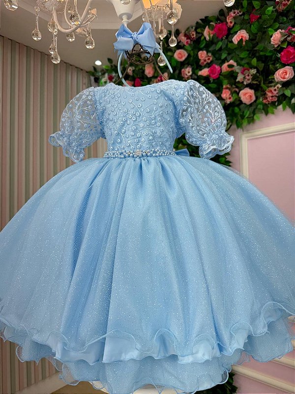Vestido Infantil Festa Luxo Tule Glitter Azul Bebe