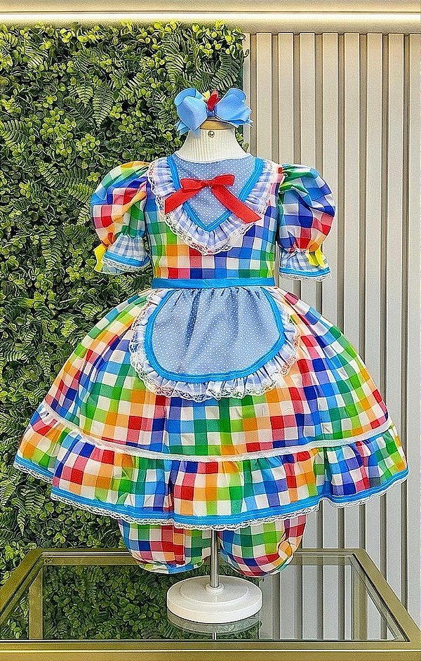 Vestido Infantil Junino Caipira Festas Xadrez Azul Colorido Festas