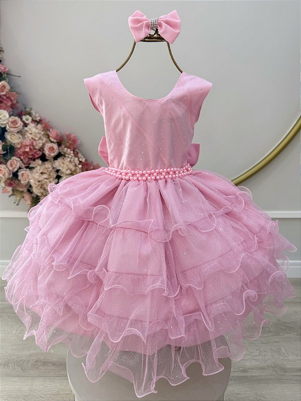 Vestido Infantil Rosa Saia Babados e Glitter Daminha