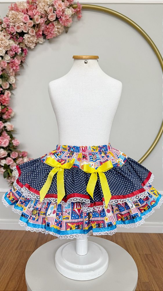 Saia Meninas Caipira Junino Preta Estampa Circo Colorida