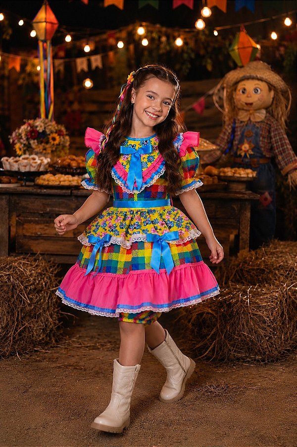 Vestido Infantil Junino Caipira Xadrez Colorido Estampado