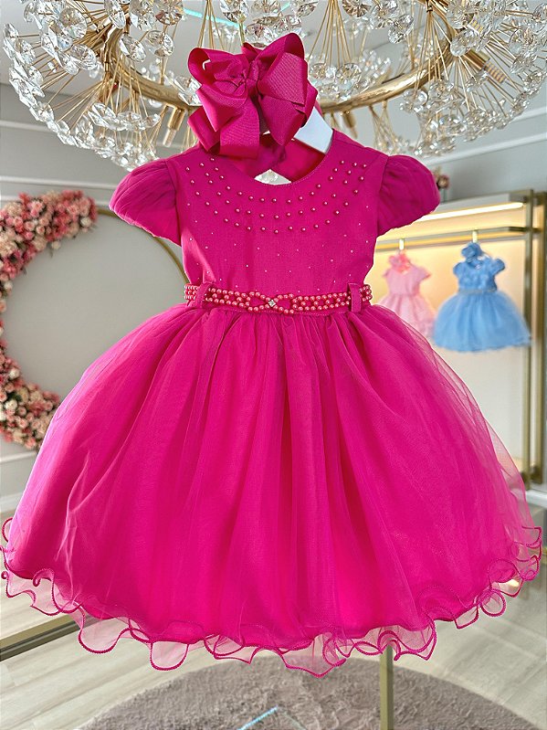 Vestido Infantil Rosa Busto Com Pérolas Batizados
