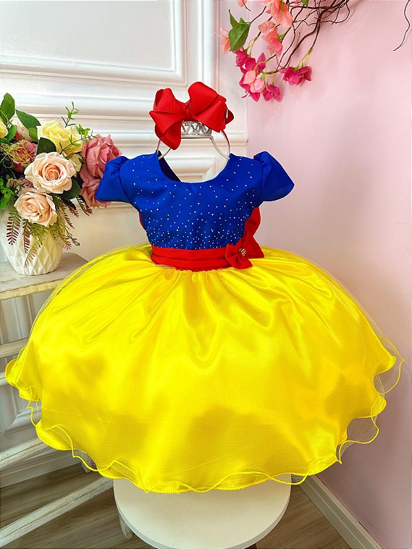 Vestido Infantil Princesa Amarelo Azul Broche Festa Luxo