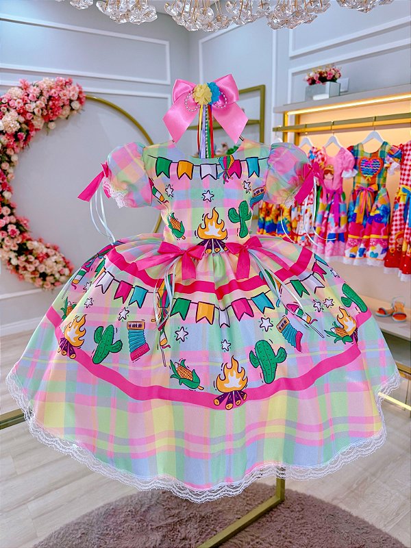 Vestido Infantil Junino Quadrilha de São João Colorido Luxo