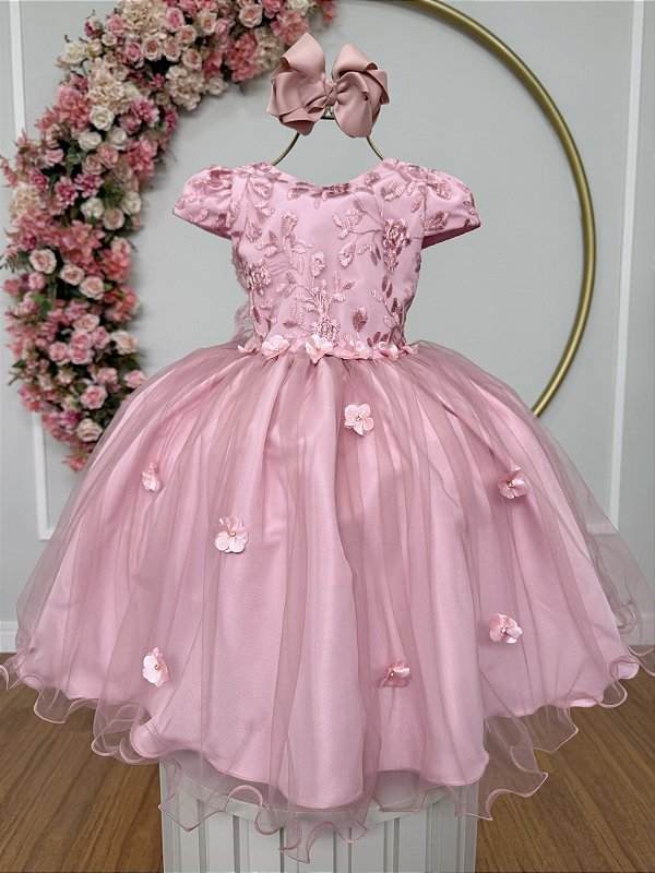 Vestido Infantil Jardim Encantado Rose Festa Renda Luxo