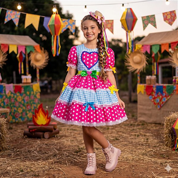 Vestido Junino Infantil Luxo Quadrilha Caipira Pink e Azul Festa Junina