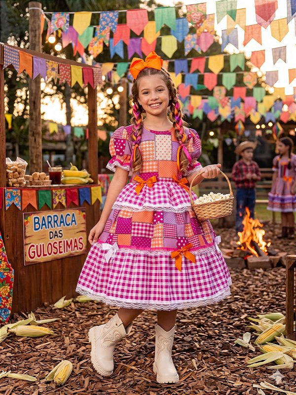 Vestido Junino Infantil Luxo Quadrilha Caipira Colorido Festa Junina