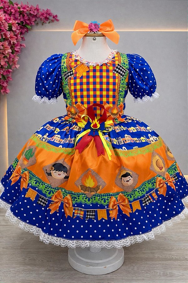 Vestido Infantil Junino Festa de São João Azul Royal