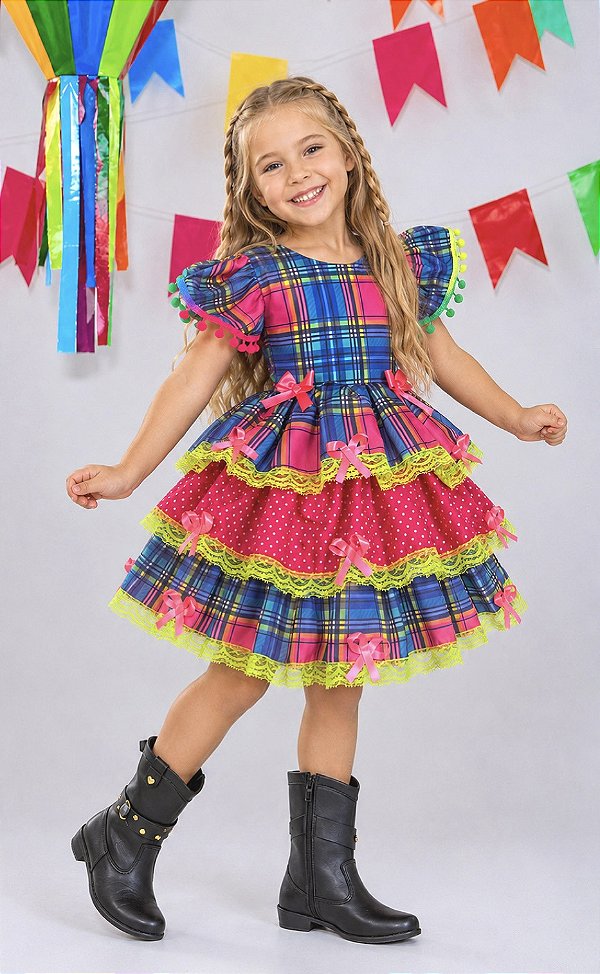 Vestido Infantil Junino Arraiá Capira Xadrez Azul Colorido