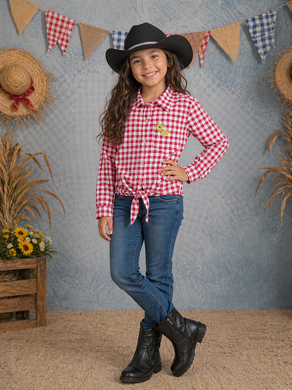 Camisa Infantil Meninas Xadrez Junina Vermelho e Branco