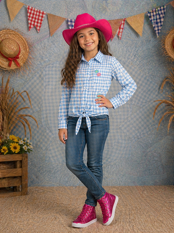 Camisa Infantil Meninas Xadrez Junina Azul e Branco