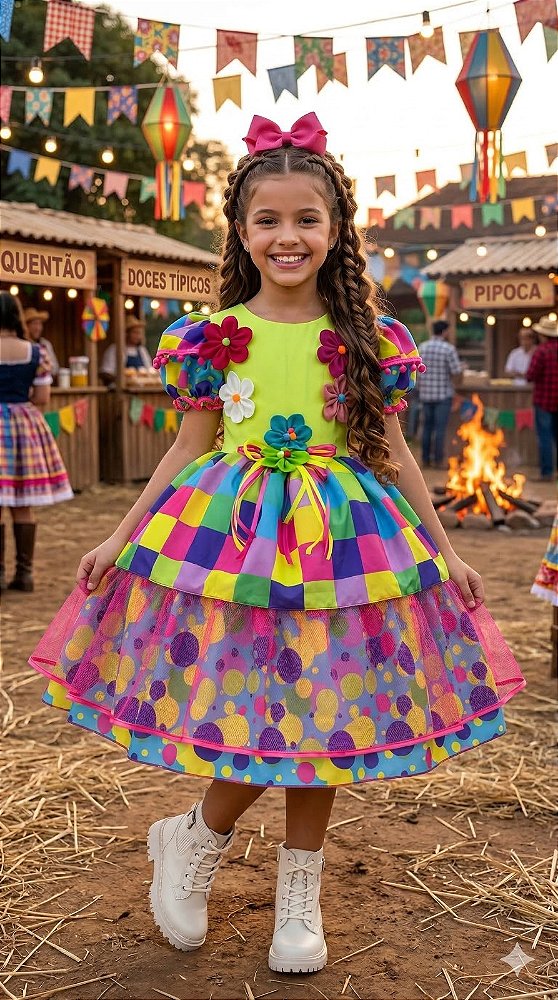 Vestido Junino Luxo Arraia Colorido Festa Junina Quadrilha