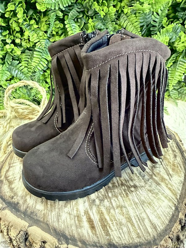 Bota Infantil Marrom Café Boiadeira Cowgirl Franjas Camurça
