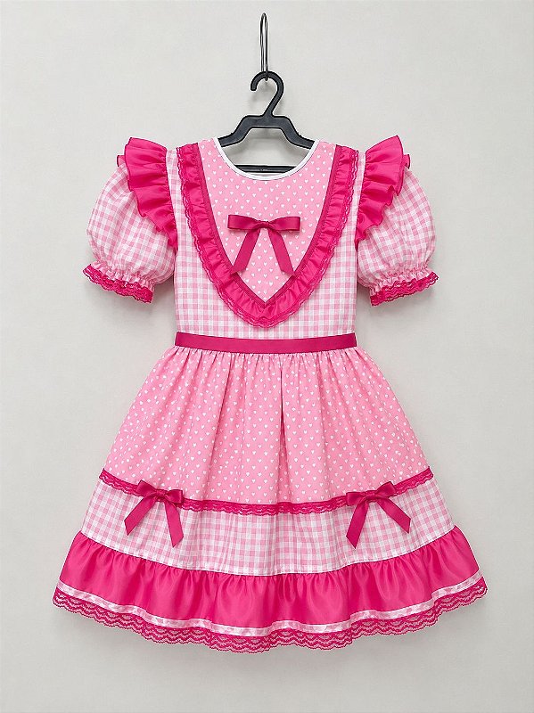 Vestido Junino Infantil Azul Rosa Xadrez com Corações e Renda