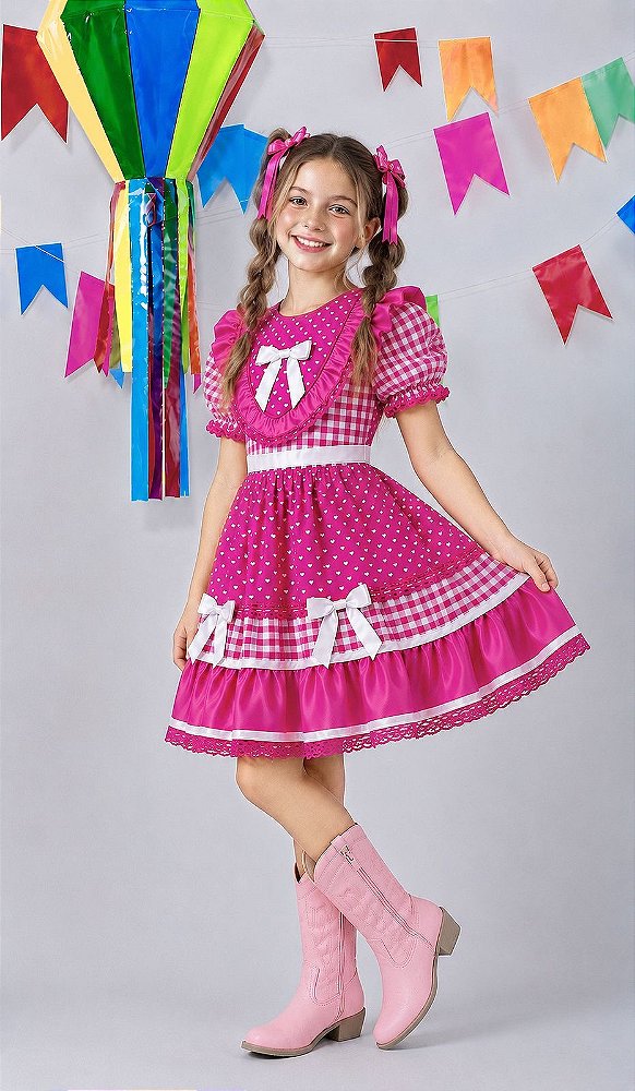 Vestido Junino Infantil Azul Pink Xadrez com Corações e Renda