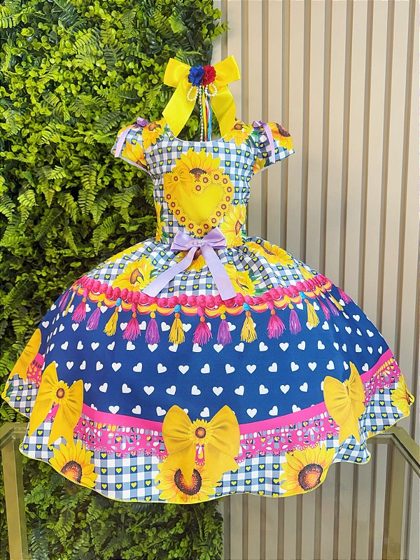 Vestido Infantil Junino Caipira Arraiá Azul Colorido Girassol
