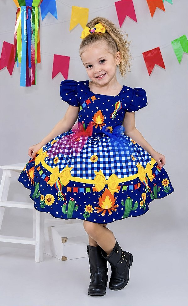 Vestido Infantil Junino Azul Xadrez Colorido Festa São João