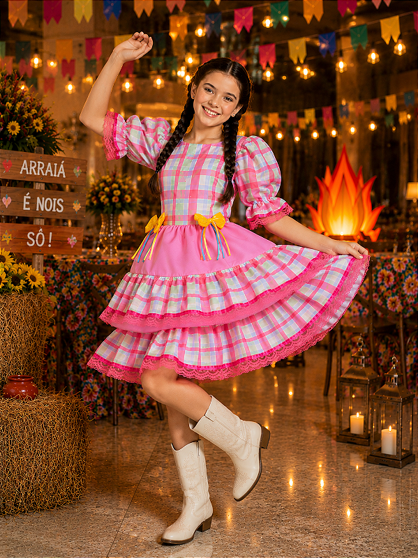 Vestido Infantil Junino Arraiá Capira Xadrez Colorido Verde